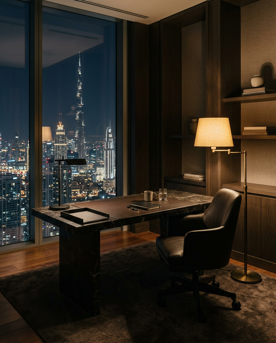 A private office at night with a brass lamp, marble desk and a window over Dubai