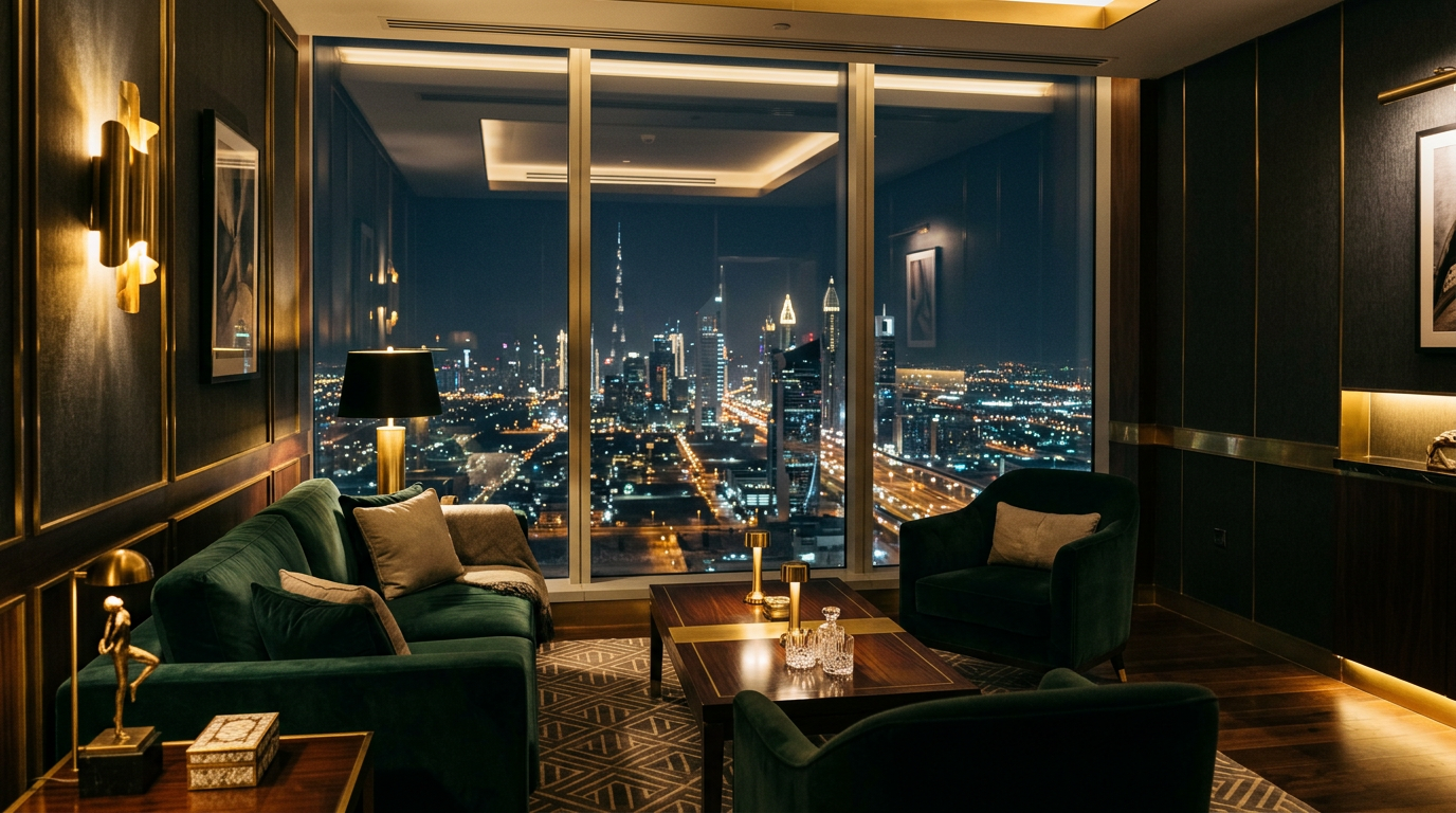 A private consultation lounge with velvet seating and warm gold lighting overlooking the city at night