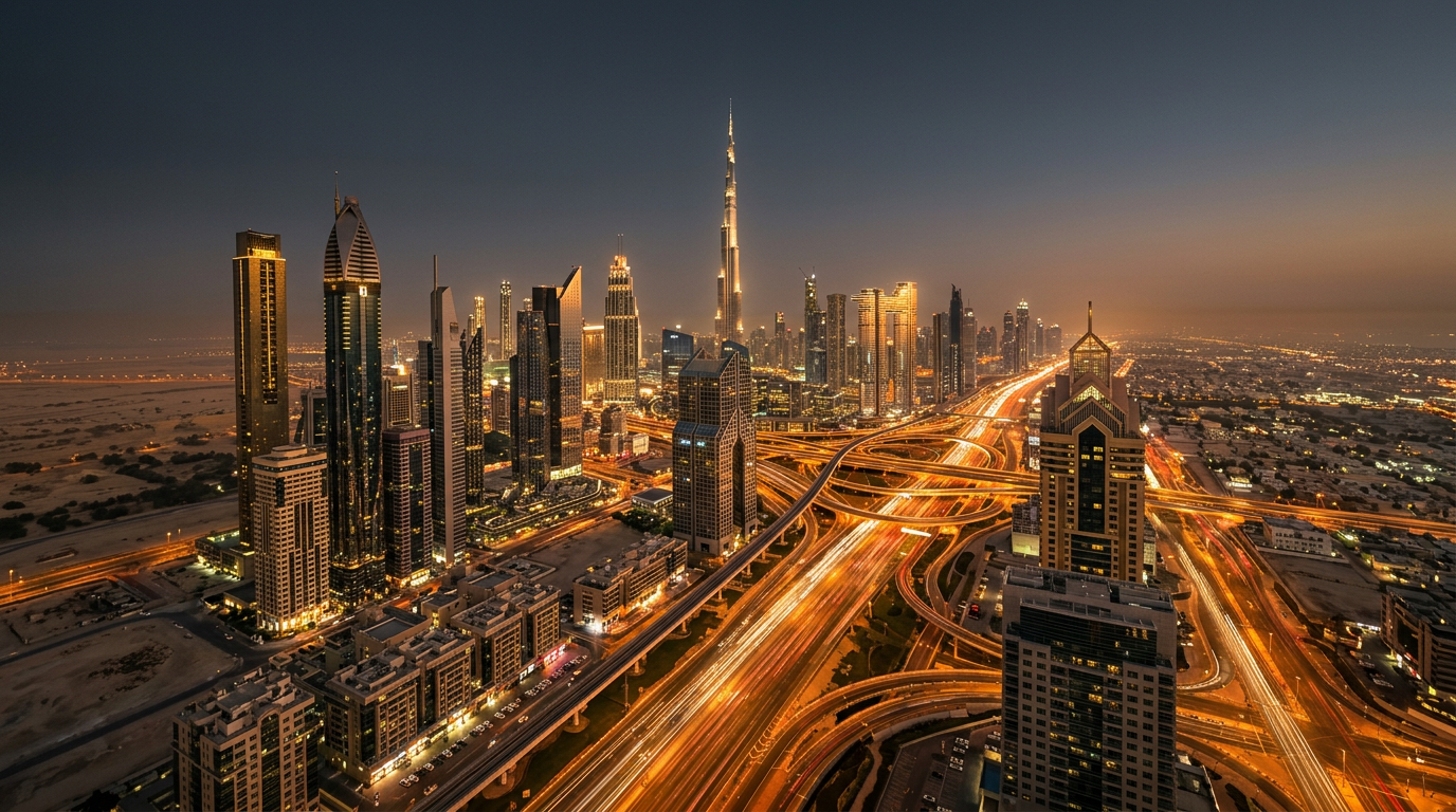 Dubai Sheikh Zayed Road towers glowing in gold at dusk