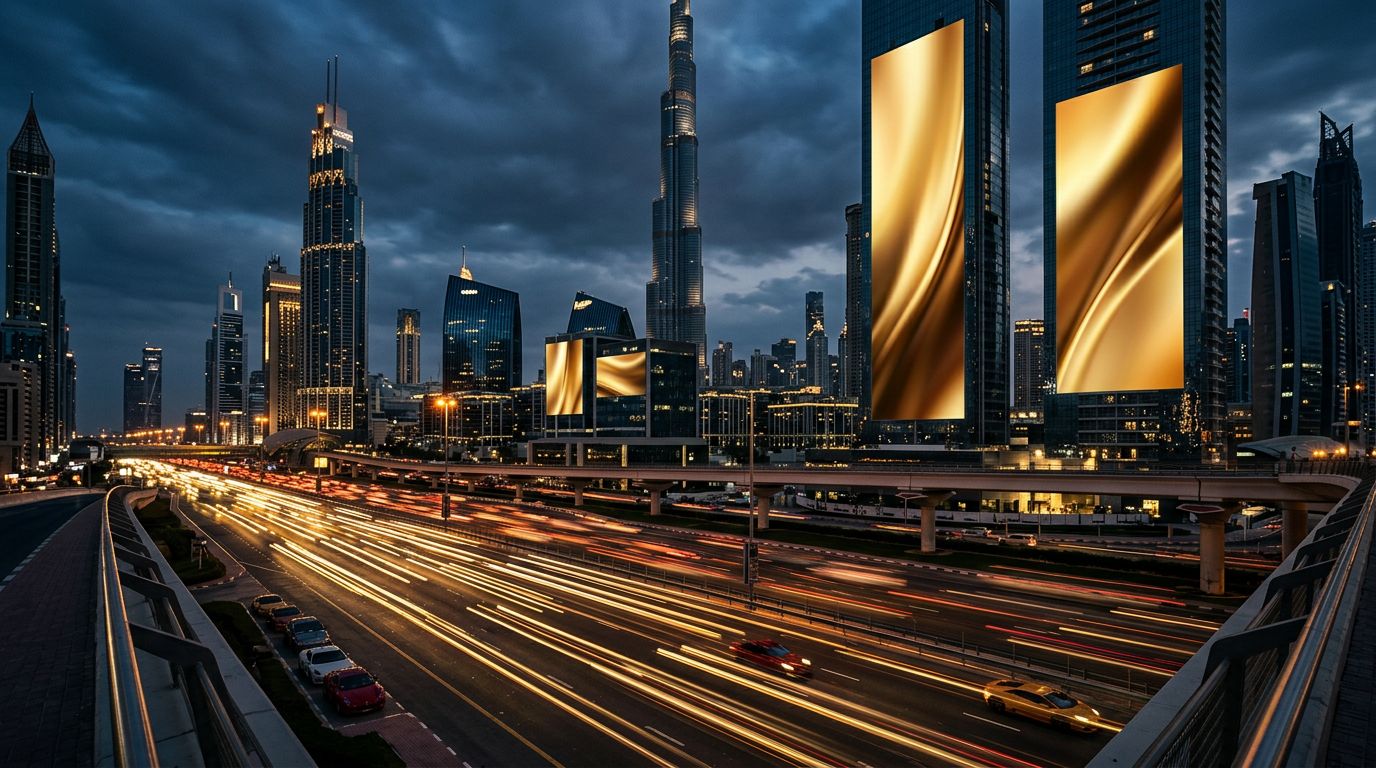 Illuminated screens along Sheikh Zayed Road in Dubai at dusk