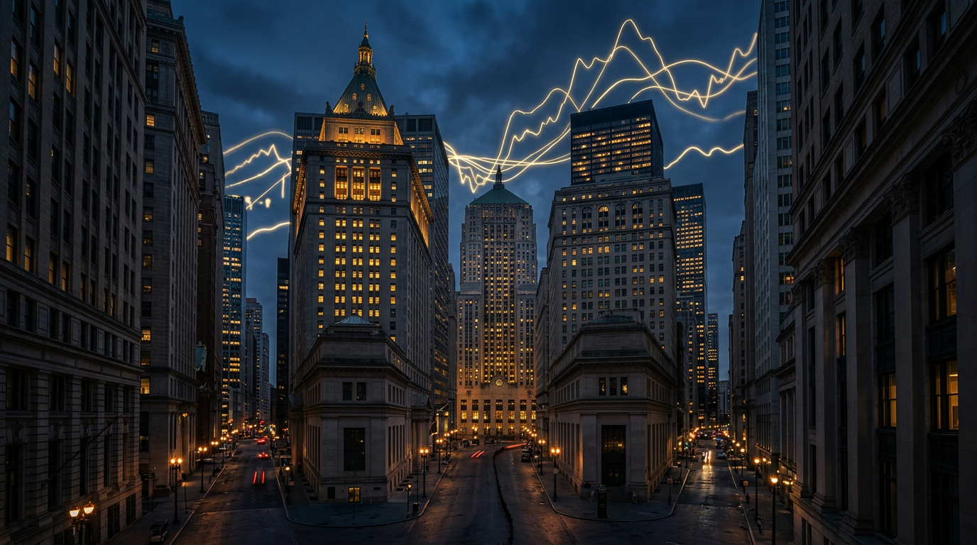 Lower Manhattan financial district at dusk with gold lit windows