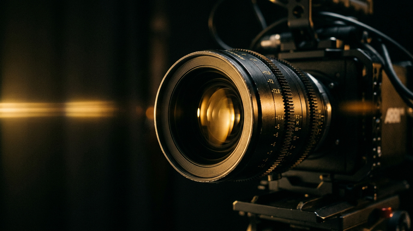 Cinema camera lens with warm gold reflections in a dark studio