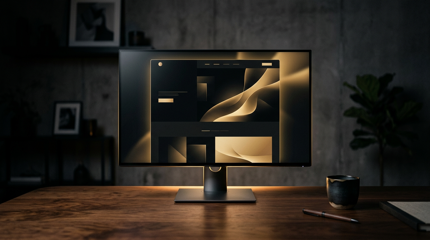 Widescreen monitor displaying a minimal black and gold website in a dim studio